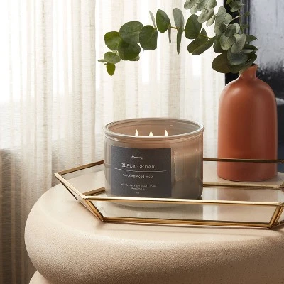14oz Lidded Gray Glass Jar Crackling Wooden 3-Wick Candle With Paper Label Black Cedar - Threshold™ 1 14oz Lidded Gray Glass Jar Crackling Wooden 3-Wick Candle With Paper Label Black Cedar - Threshold™