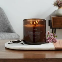 23oz XL 3-Wick Vanilla + Bergamot Wooden Amber Glass With Wood Lid And Stamped Logo Amber - Threshold™