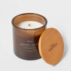 23oz XL 3-Wick Leather + Embers Wooden Amber Glass With Wood Lid And Stamped Logo Amber - Threshold™ -Threshold GUEST 4fbf95f2 2402 46bf 97f1 6933f738c12d