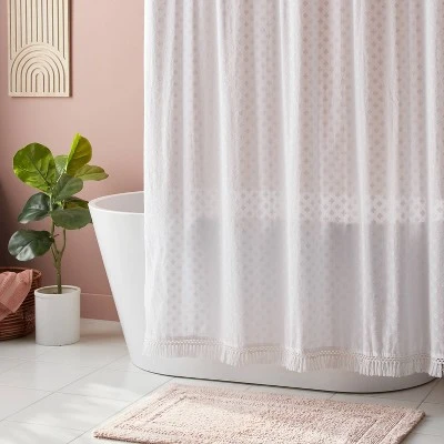 Textured Crochet Trim Shower Curtain White - Threshold™ 1 Textured Crochet Trim Shower Curtain White - Threshold™