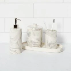 4pc Marbled Ceramic Bathroom Accessories Set Marble - Threshold™