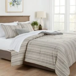 7pc Reversible Printed Stripe Comforter Bedding Set With Sheets Gray - Threshold™