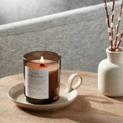 Threshold 8 Clear Colored Glass With Woodwick And Brass Metal Inset Lid Acorn + Black Pine Candle Brown - Threshold™