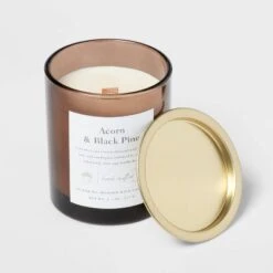 Clear Colored Glass With Woodwick And Brass Metal Inset Lid Acorn + Black Pine Candle Brown - Threshold™ -Threshold GUEST e82cdb94 c293 4984 b5b6 1ca170680739