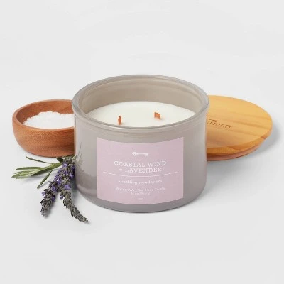 14oz Lidded Gray Glass Jar Crackling Wooden 3-Wick Candle With Paper Label Coastal Wind + Lavender - Threshold™ 2 14oz Lidded Gray Glass Jar Crackling Wooden 3-Wick Candle With Paper Label Coastal Wind + Lavender - Threshold™ - Image 2